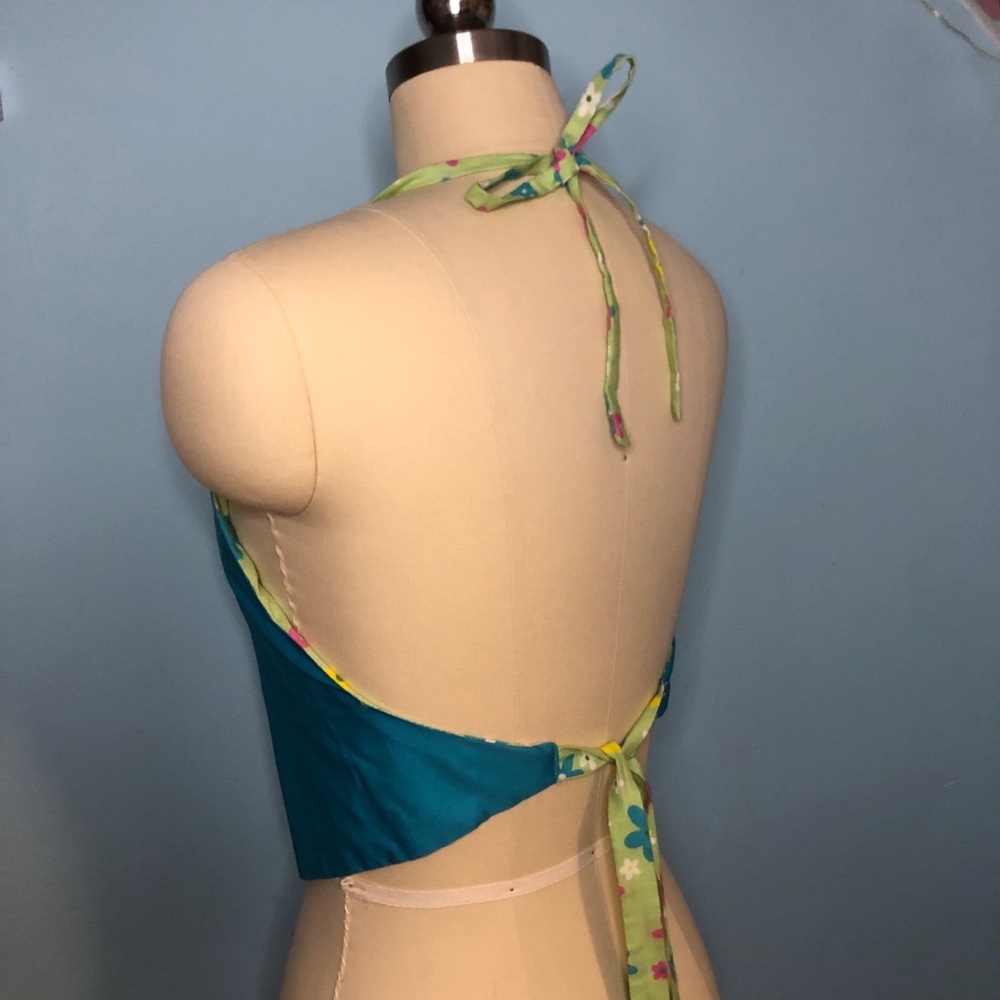 Vintage 90s Y2K Reverse Cropped Floral Daisy Halter Tie Top Club Raver - Picture 5 of 7